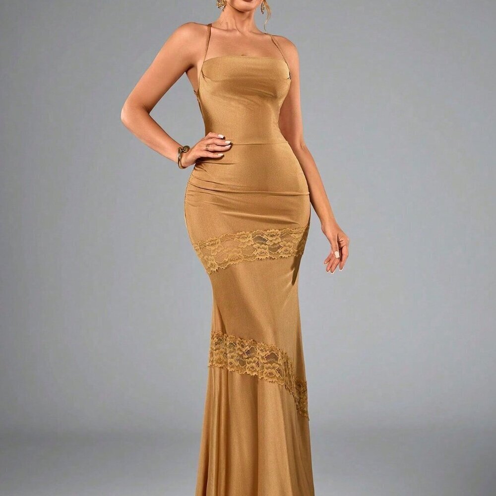 Khaki Elegant Women's Backless Dress - Picture 3 of 6
